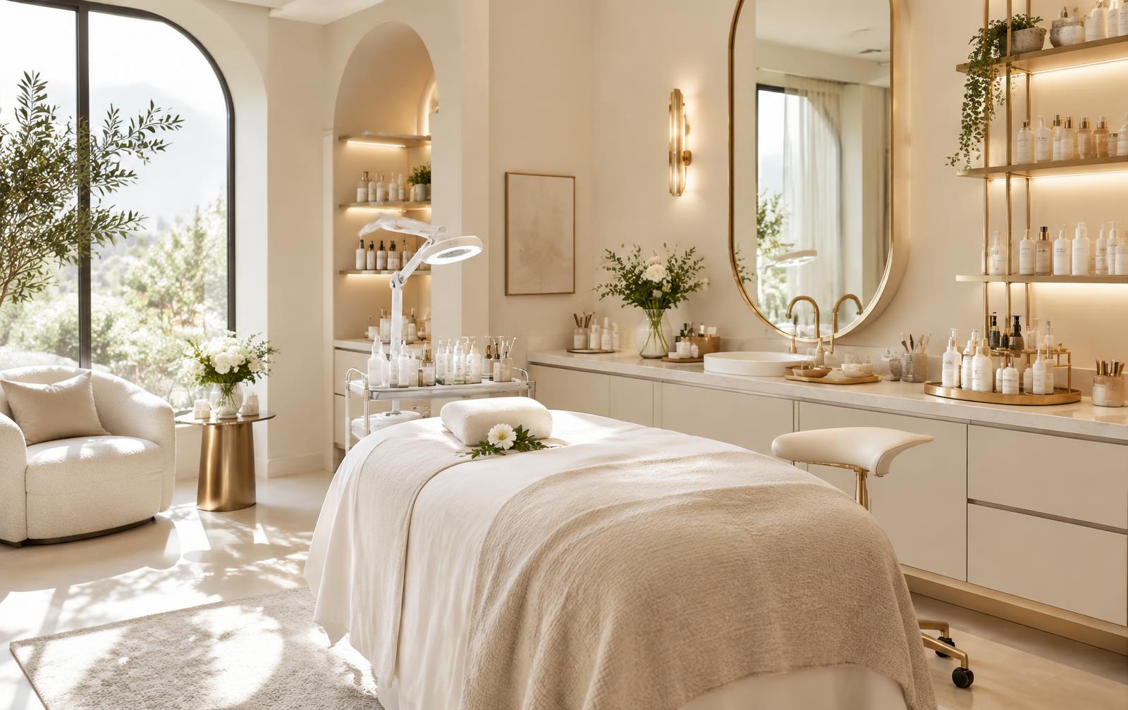 Jasne, luksusowe wnętrze salonu beauty z łóżkiem zabiegowym i kosmetykami premium